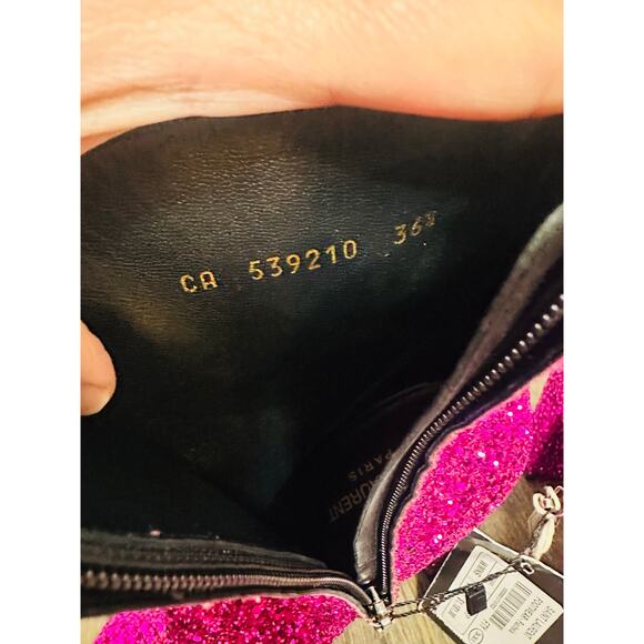 NEW SAINT LAURENT Fuchsia Pink Glitter Heeled Side Zip Bootie size 36.5 US 6.5 - Picture 8 of 14